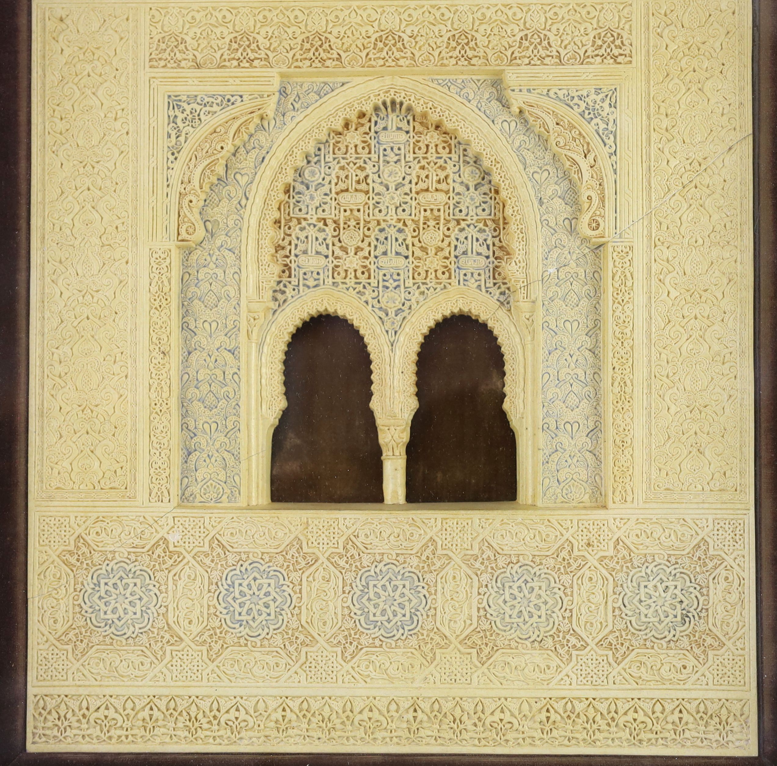 A 19th century Spanish Rafael Contreras plaster, alabaster and bisque twin arched facade 37 x 24cm